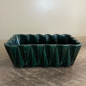 Vintage Upco Pottery Rectangular Planter Scalloped Edge Glazed Dark Green USA